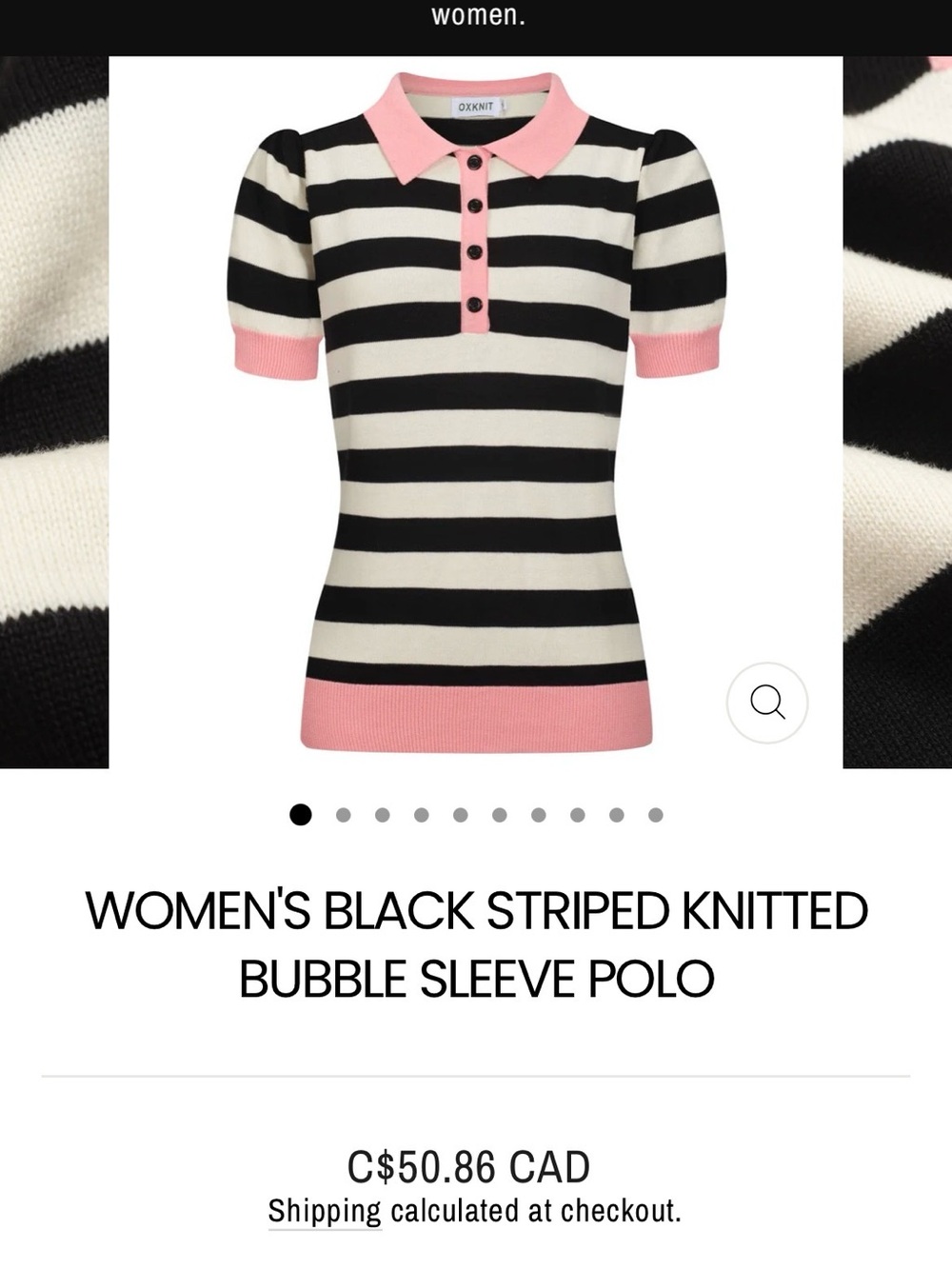 Women's Black & Pink Striped Knitted Bubble Sleeve Polo